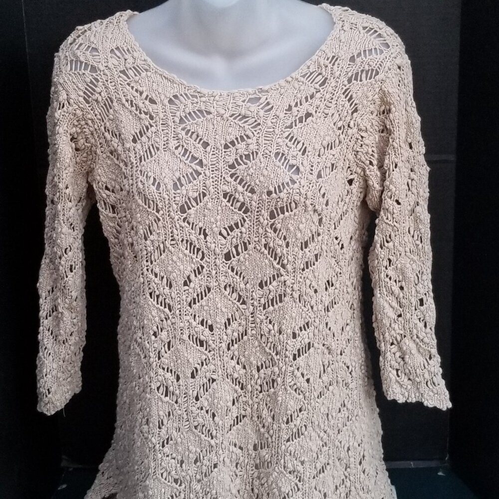 J JILL Layering Top/Swim Open Weave Beige Stretch Knit with Side Points SMALL